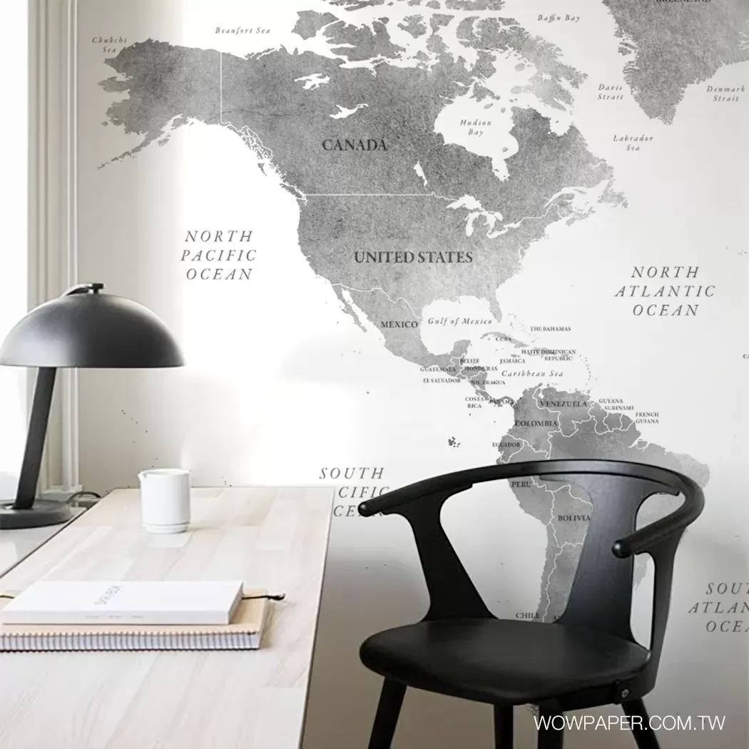 炭黑色的世界地圖壁紙搭配黑色設計家具