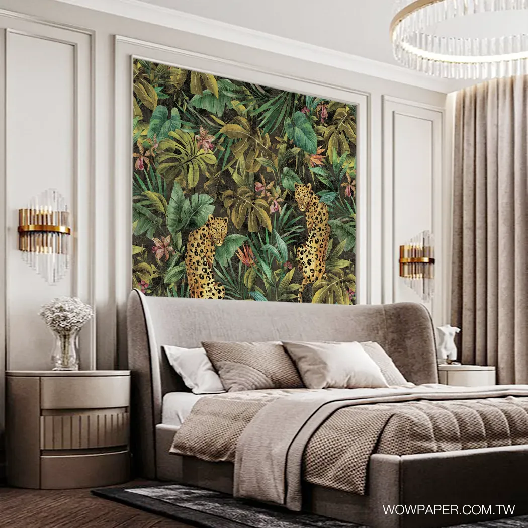 現代感的寢居設計搭配異國風情的非洲叢林壁紙