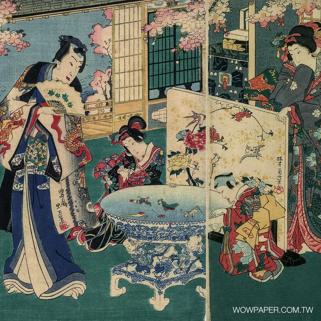 浮世繪-花見 壁畫|日式浮世繪仕女賞櫻壁紙,華麗典雅的和風意境,適合現代日式空間、餐飲與端景牆