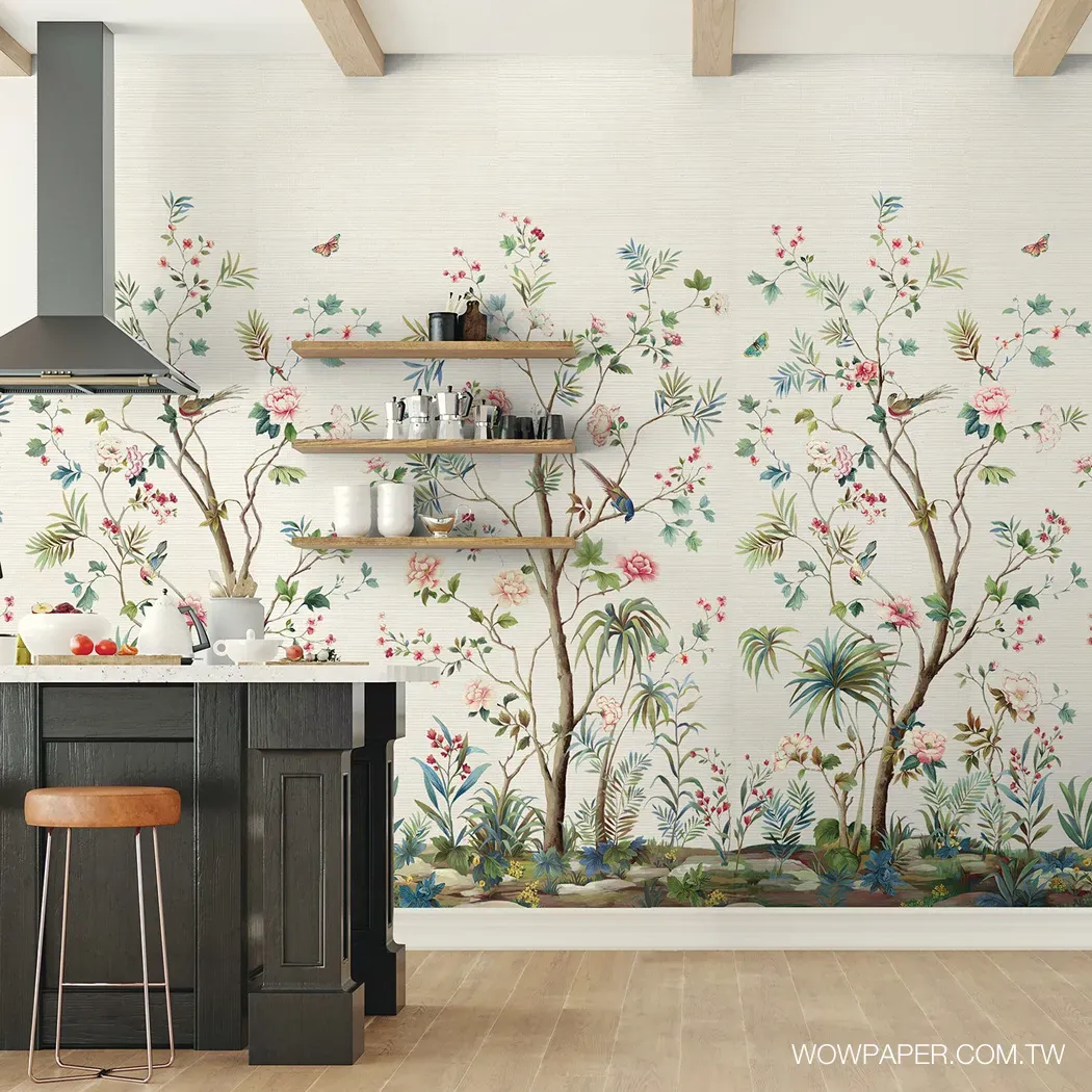 歐式開放式廚房空間搭配手作植纖材質的法式中國風壁紙