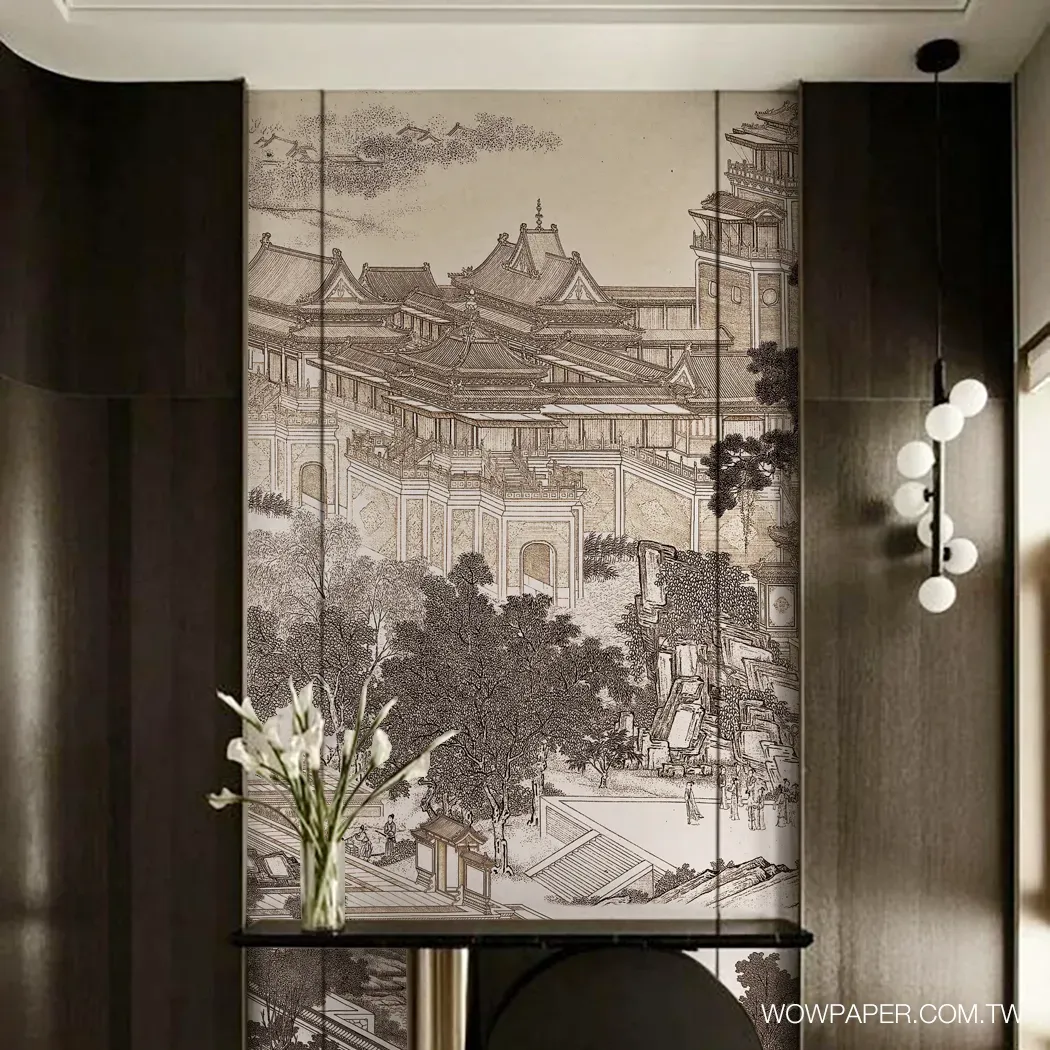 搭配中國古朝百景壁紙的端莊玄關設計