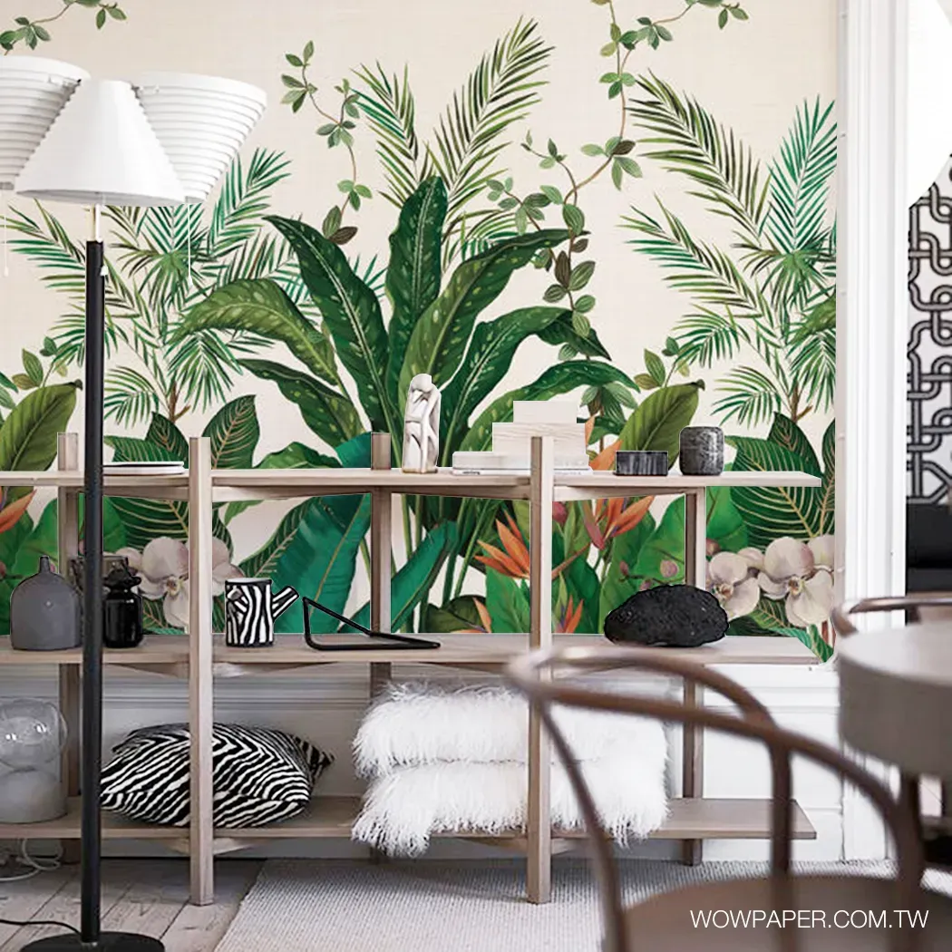 搭配天然植纖材質天堂鳥花園壁紙的現代家居空間