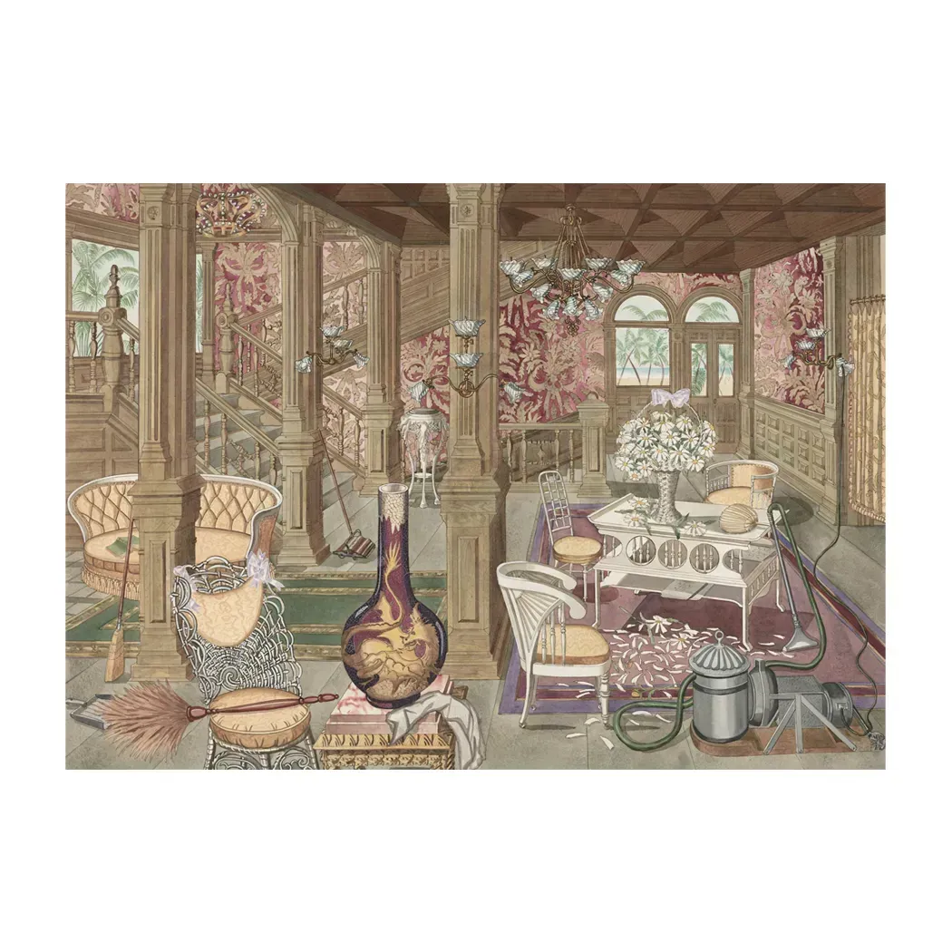 水彩繪維多利亞風華邸門廳,呈現繁盛華麗的室內場景。