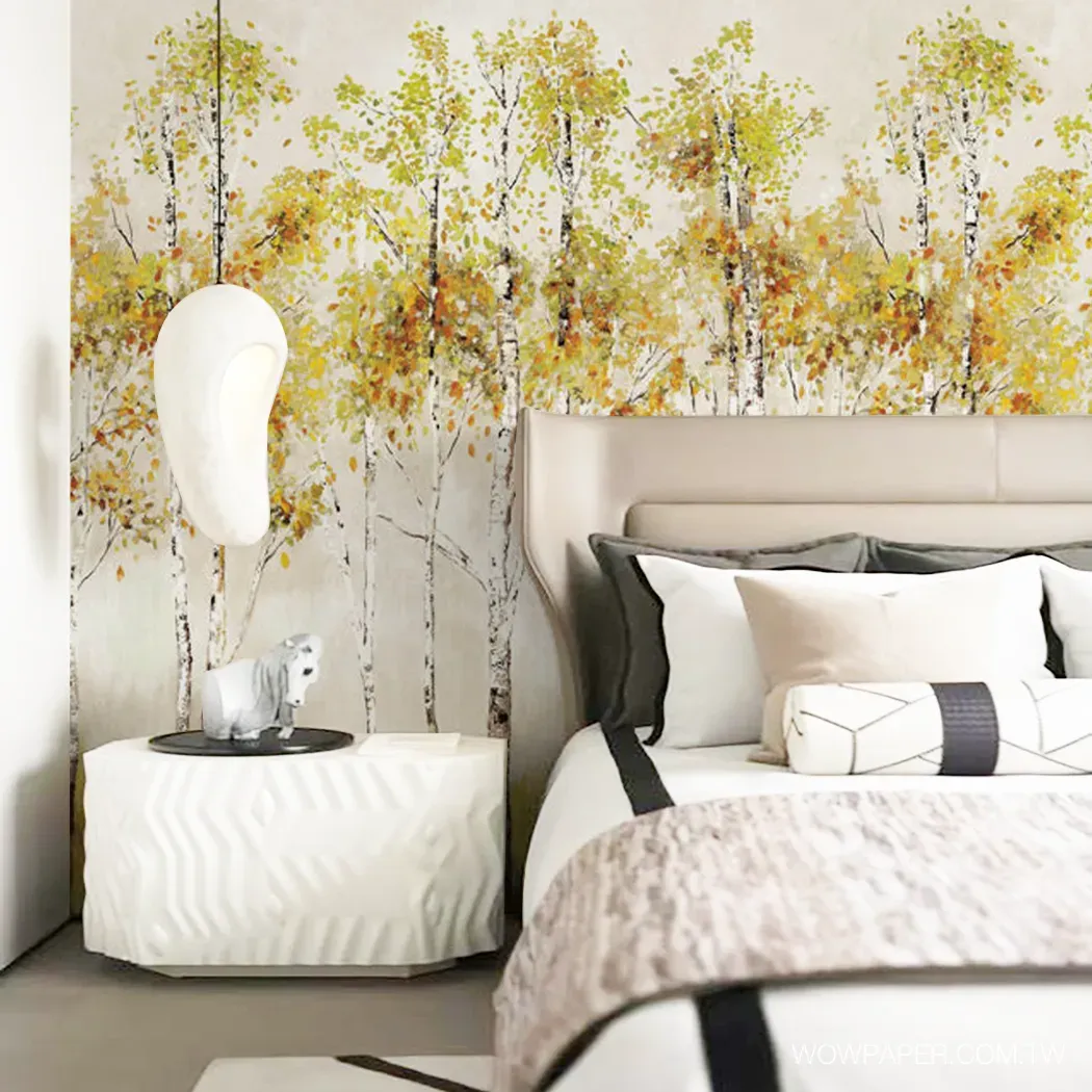 使用白楊樹林壁紙的現代寢室設計