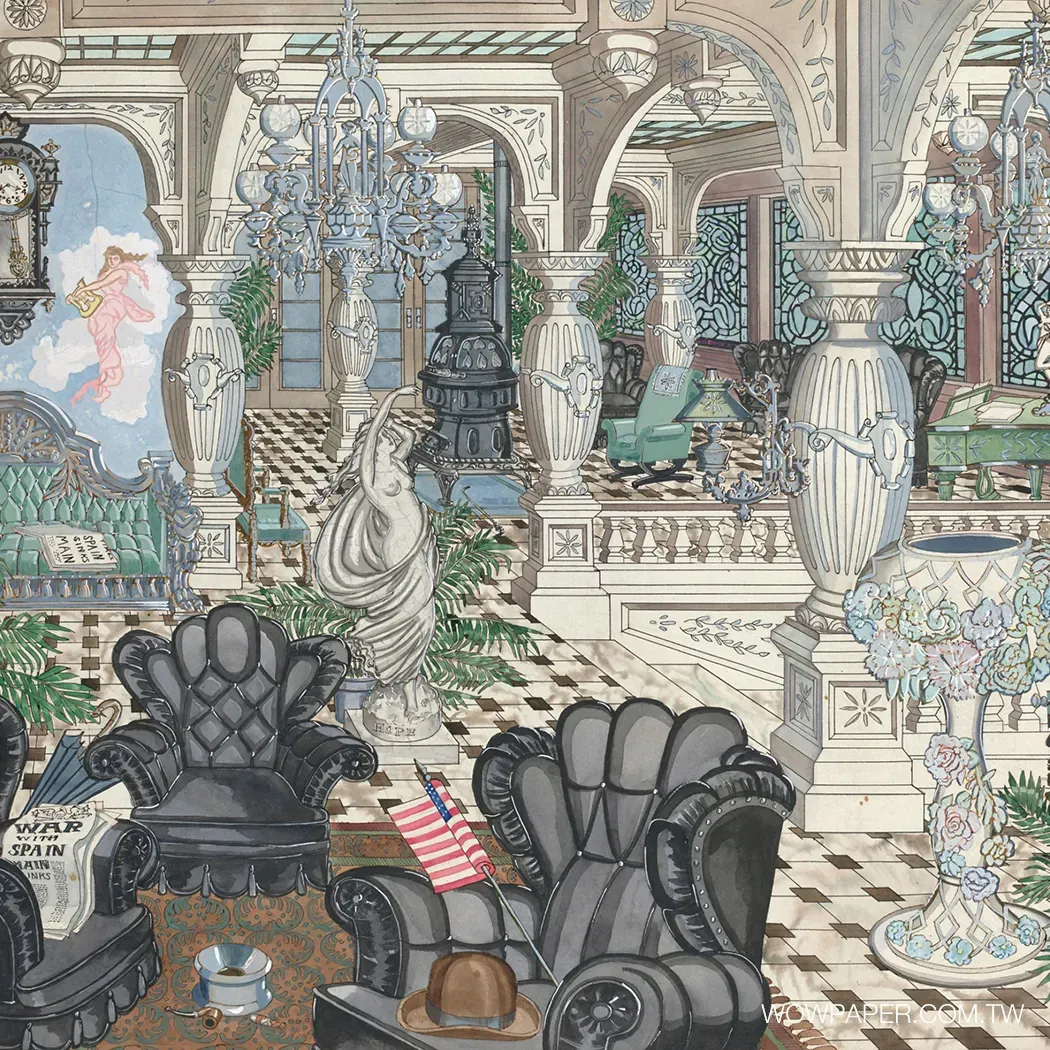 水彩繪鍍金時代拱廊華廳,連續拱券、彩繪玻璃與白瓷花器,深色皮革座椅點綴,莊重華美的廳堂場景