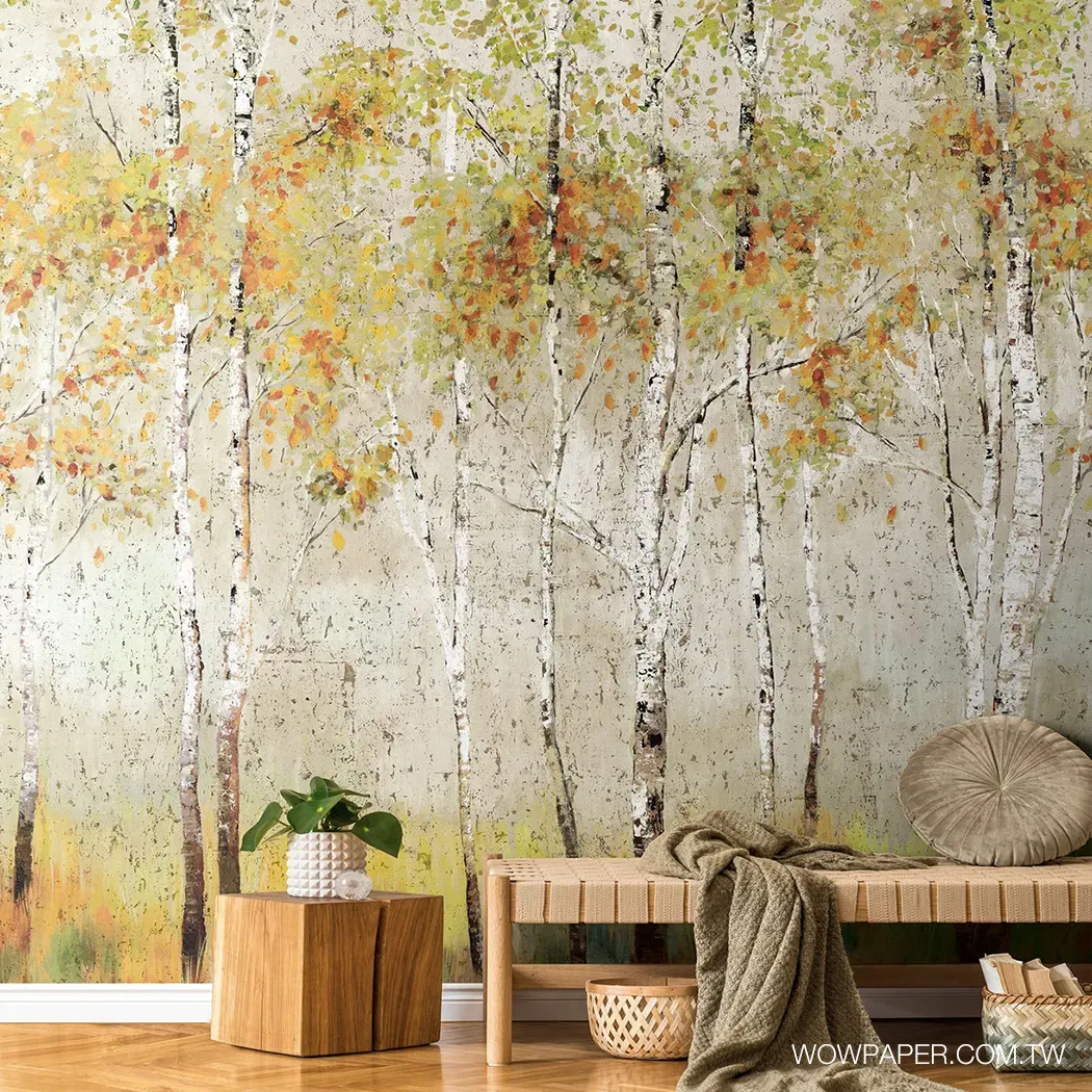 簡約家居空間搭配木纖材質的白楊樹壁紙