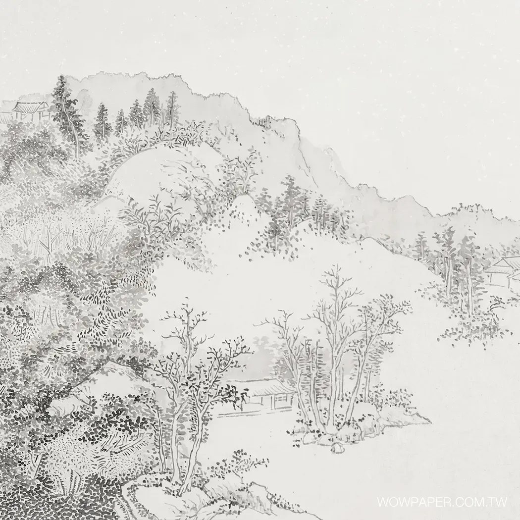 煙嵐壁畫(墨灰)-平遠|水墨山水壁畫,遠山層疊的東方文人意境。