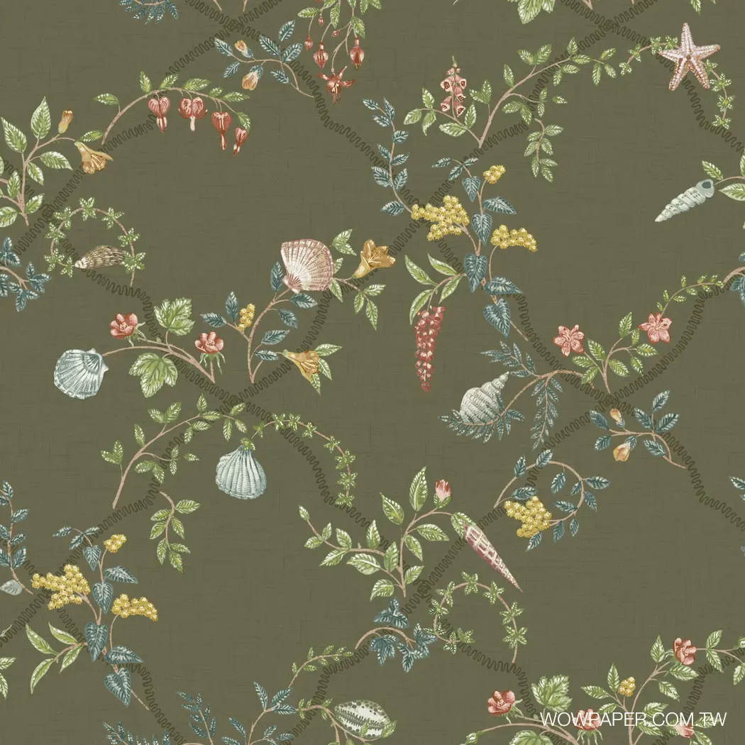 貝殼藤蔓 壁紙(橄欖綠)|住家設計 | 植物壁紙