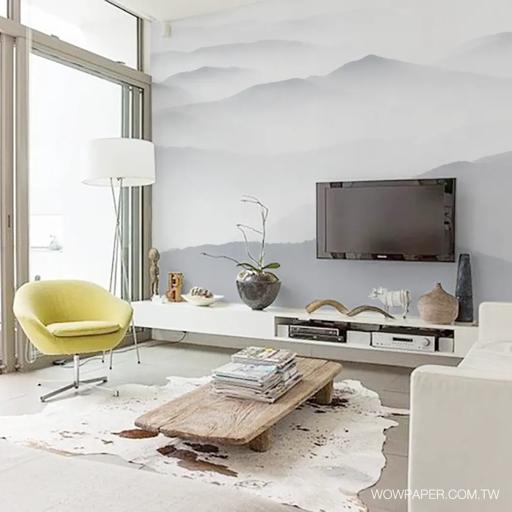 現代風格的客廳搭配簡約的山形水墨壁紙
