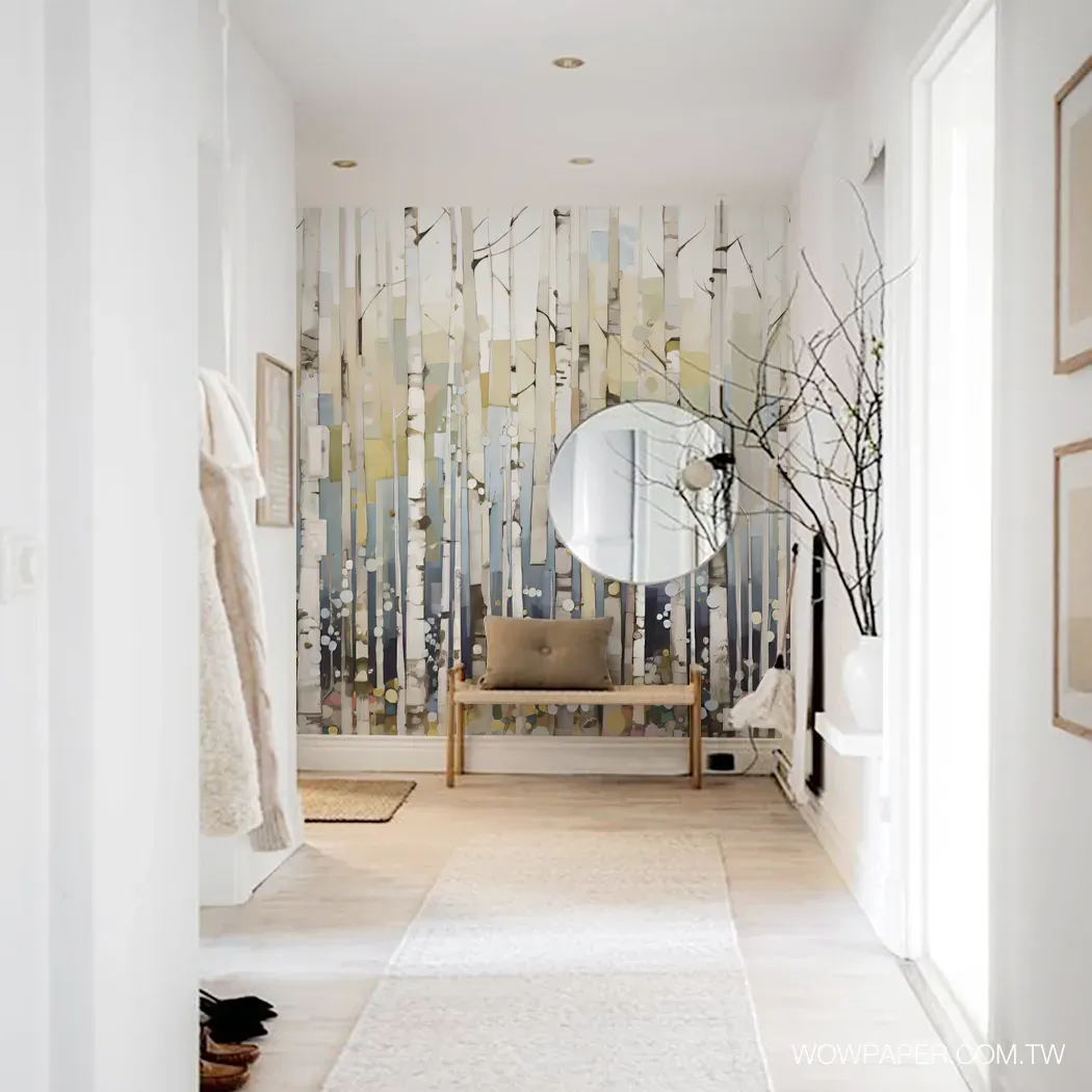 簡約的白色空間搭配以抽象派表現的樺木林壁紙