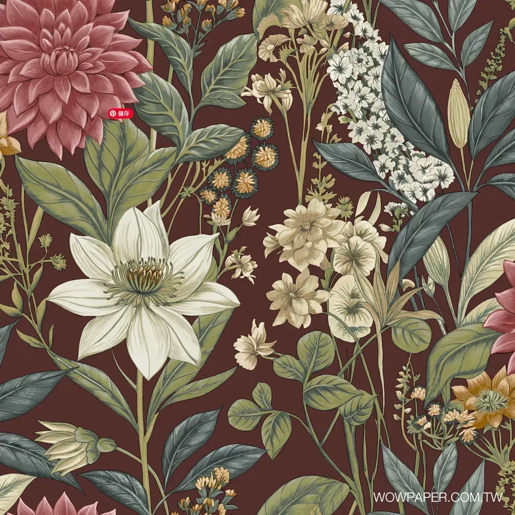 英式花園花叢 壁紙(酒紅) | 植物壁紙 | 適合住家設計