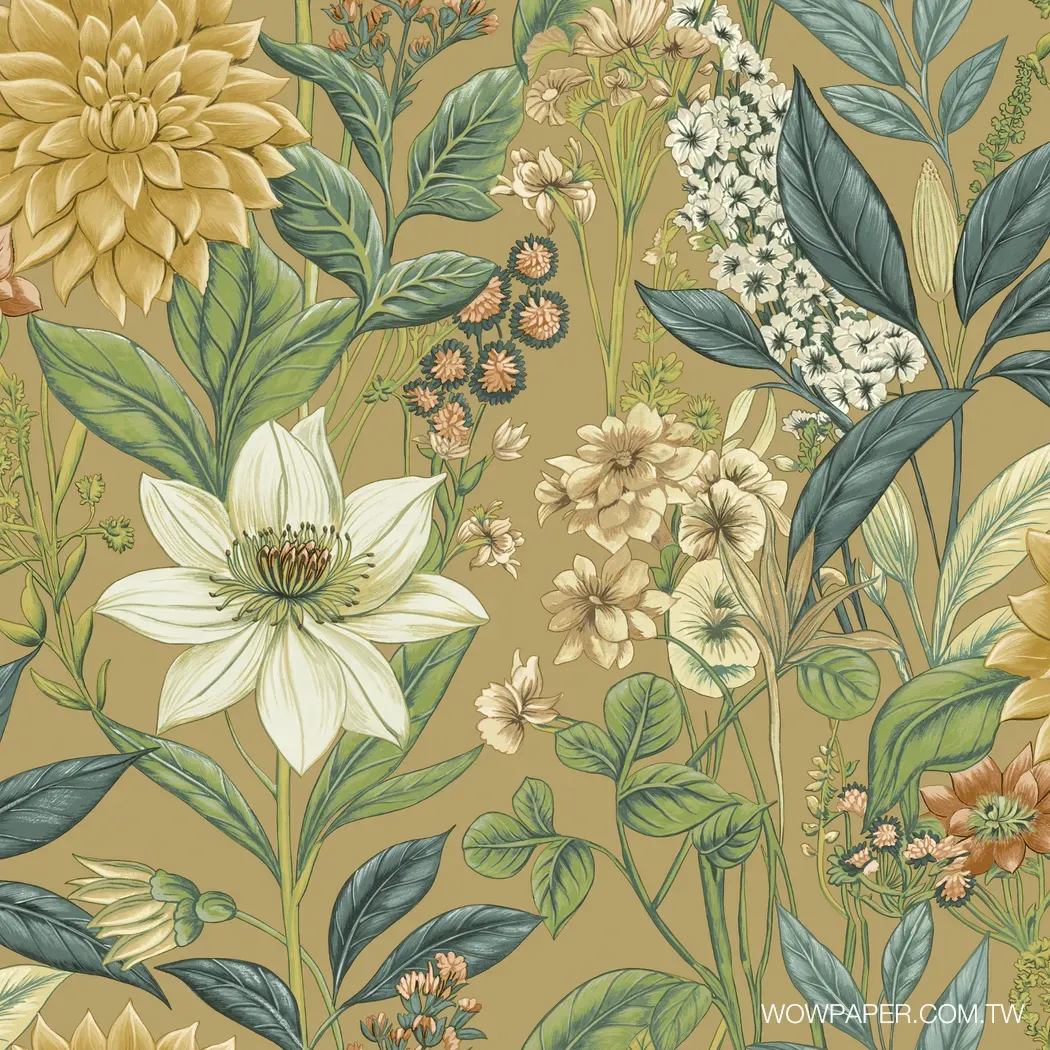 英式花園花叢 壁紙(暖金) | 植物壁紙 | 適合住家設計