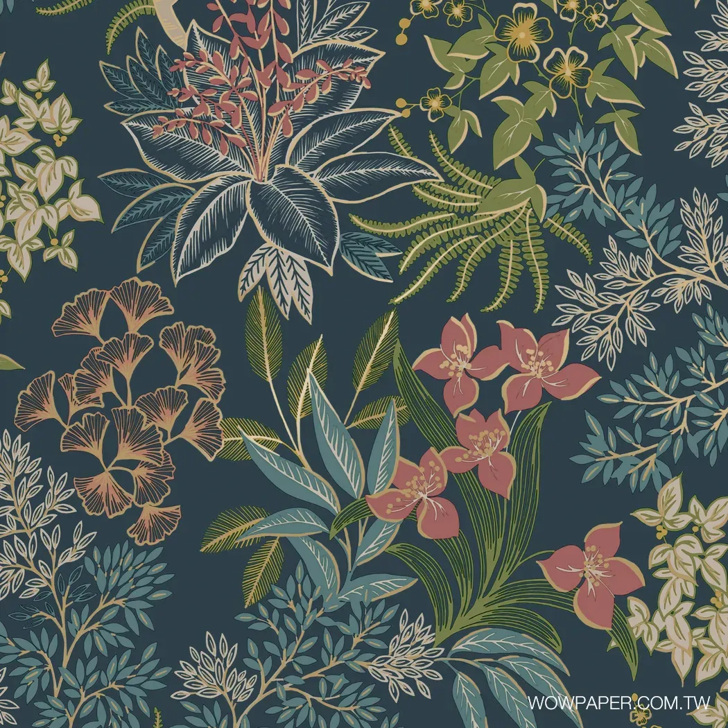 藝術植物紋 壁紙(藏青) | 花卉壁紙 | 適合餐廳設計