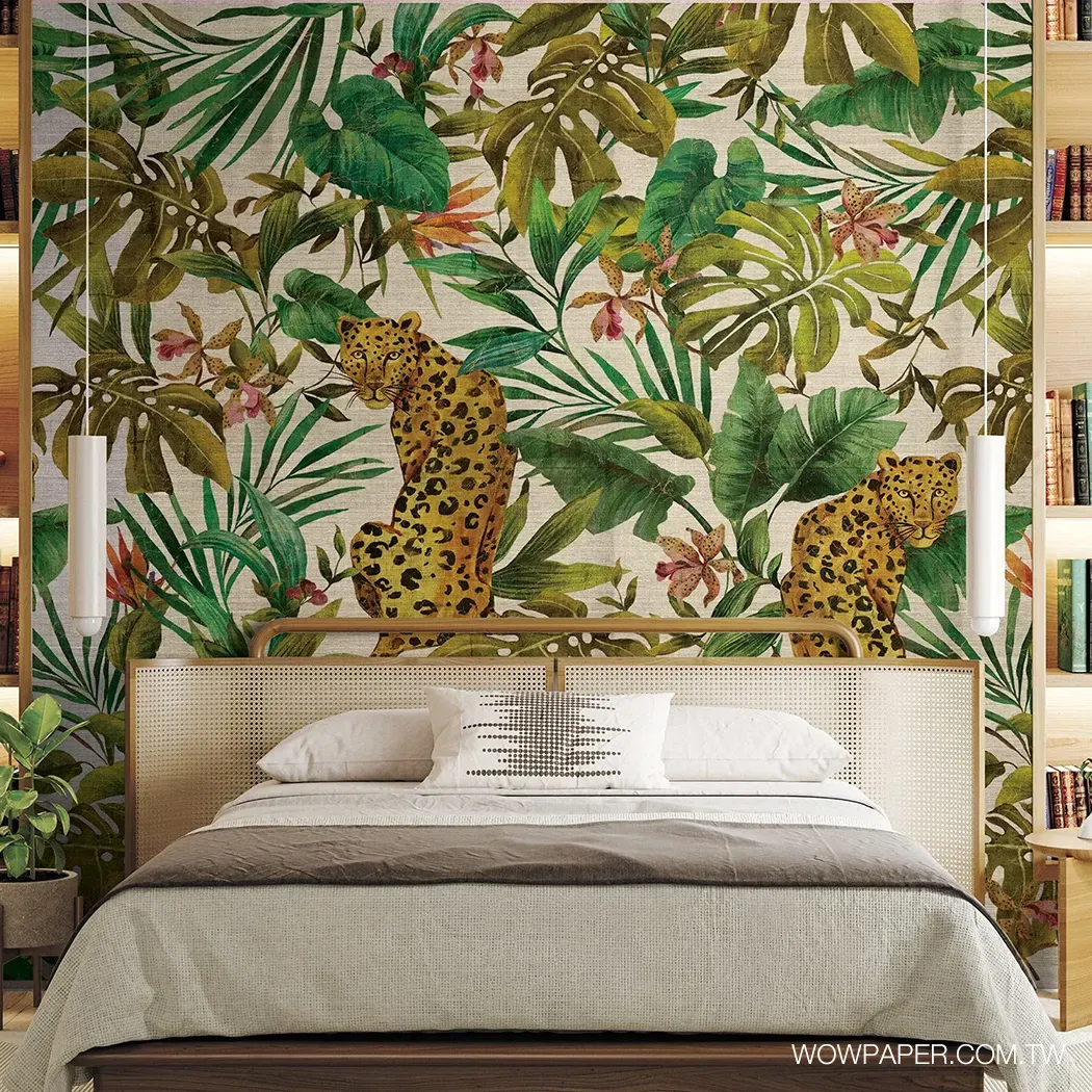 渡假風寢居搭配手作植纖材質的非洲叢林壁紙